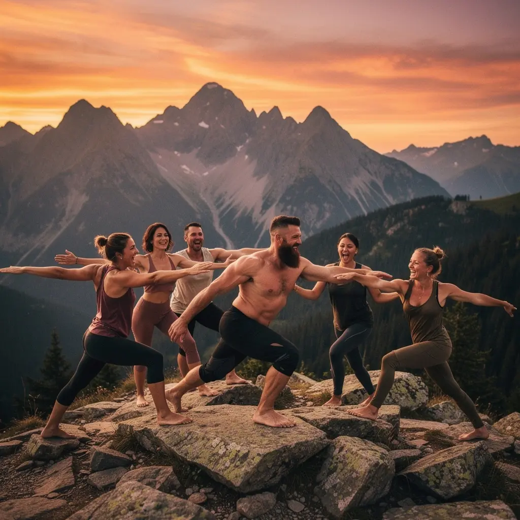 Grupa osób wykonujących dynamiczne sekwencje jogi w pięknej scenerii na świeżym powietrzu.