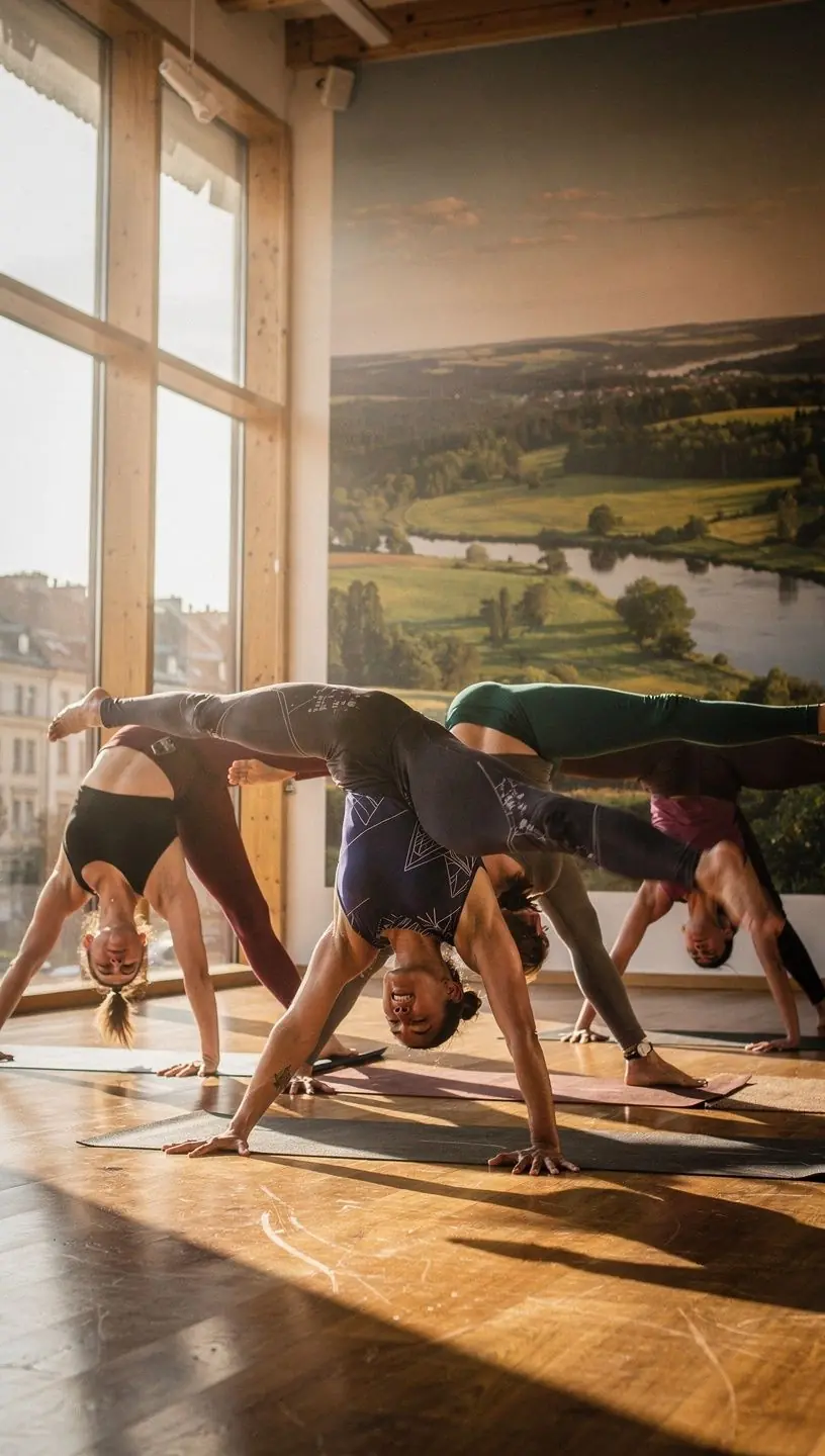 Grupa uczestników wykonujących zaawansowane sekwencje ruchów na macie.