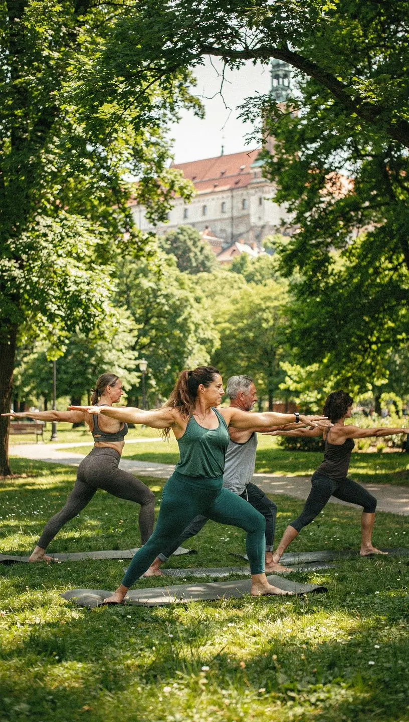 Instruktor prowadzący zajęcia jogi w energicznym stylu, z wyraźnymi wskazówkami.