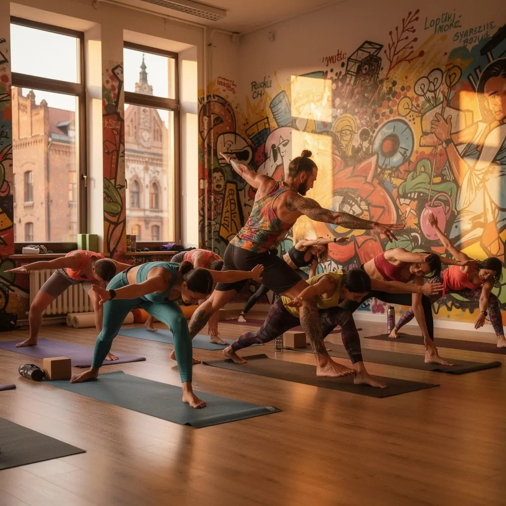 Grupa uczestników wykonujących zaawansowane sekwencje ruchów na macie.