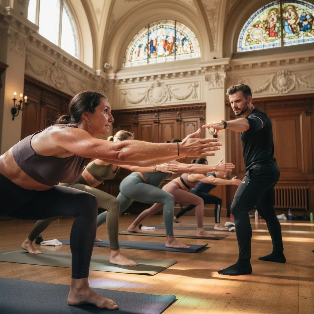 Grupa uczestników wykonujących zaawansowane sekwencje ruchów na macie.