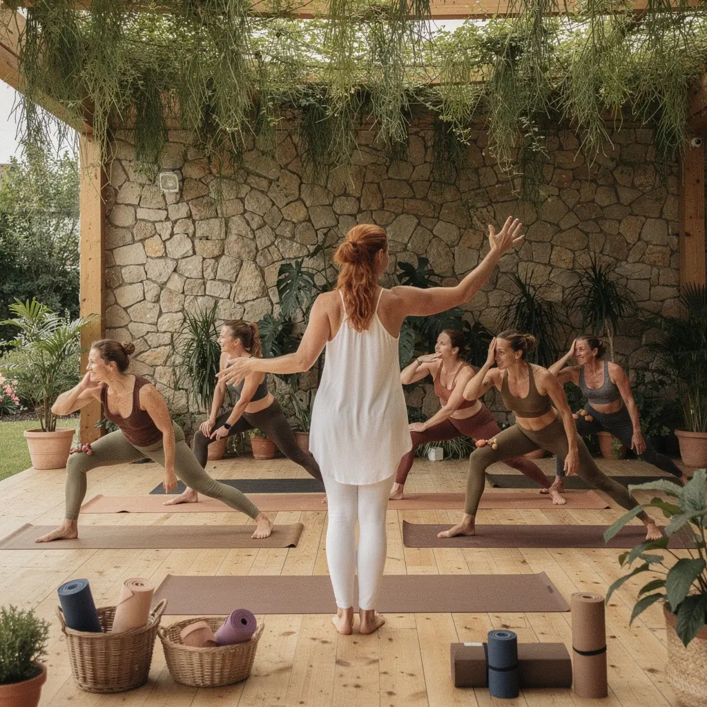 Grupa uczestników wykonujących zaawansowane sekwencje ruchów na macie.