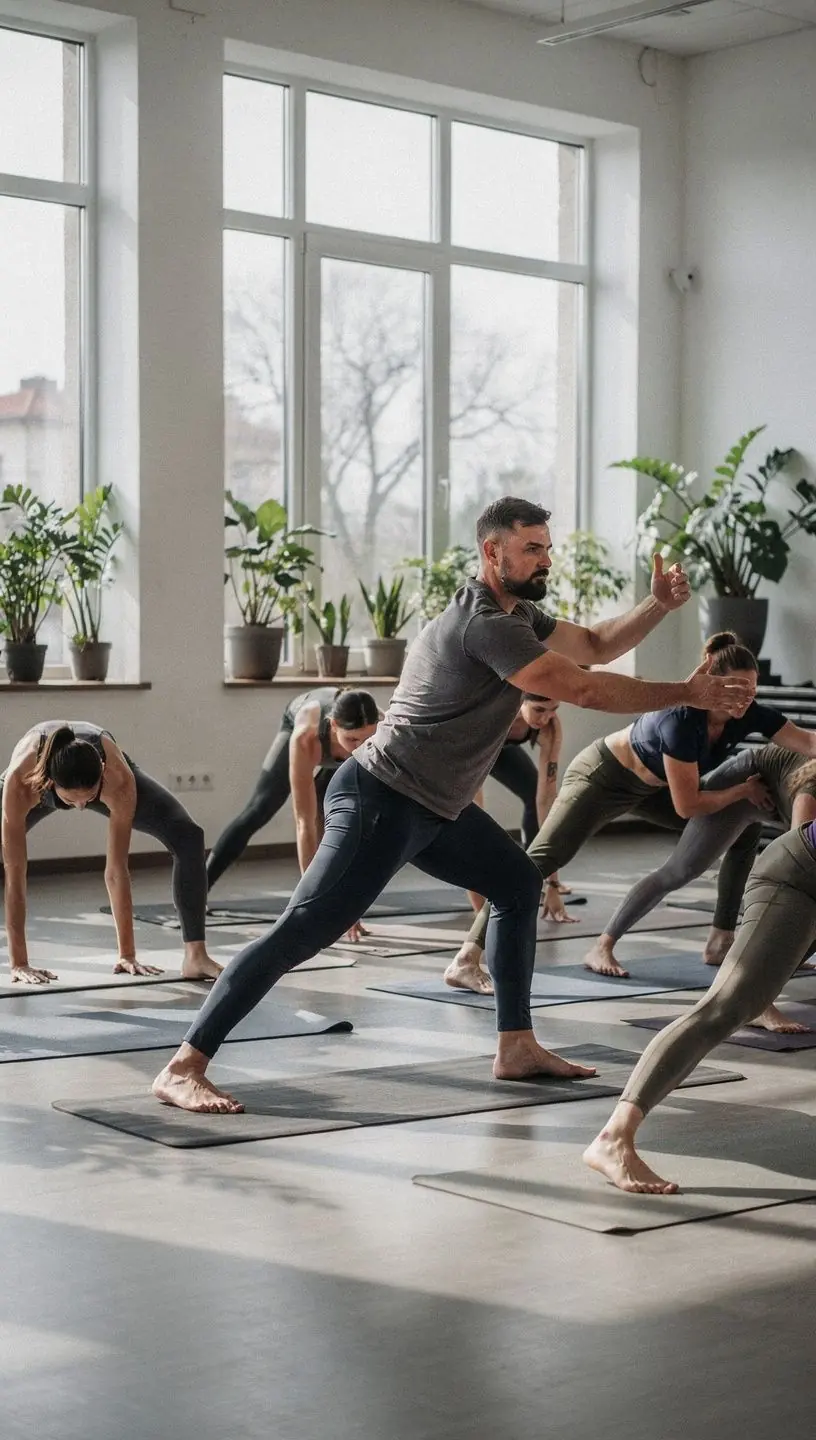Grupa uczestników wykonujących zaawansowane sekwencje ruchów na macie.